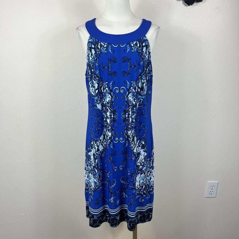 Sangria Dress Womens Large Blue Graphic Halter Shift Knee Length Party Cocktail - Picture 1 of 6